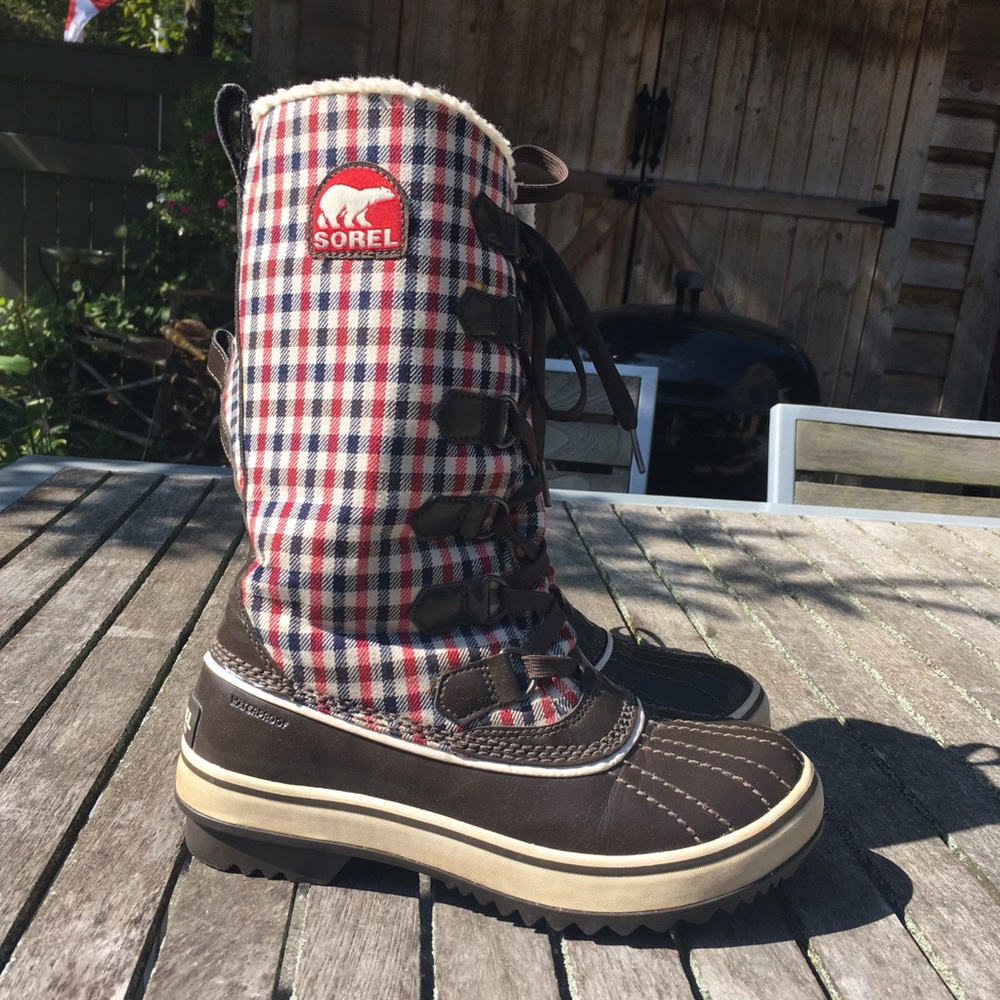 Sorel Women's Checkered Winter Boots - Red, Blue, and Brown